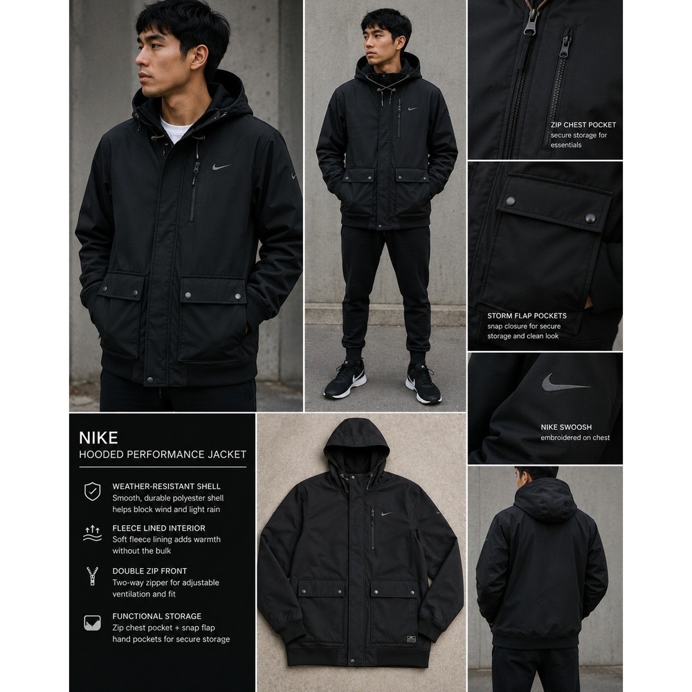 Nike Hooded Weather Resistant Fleece Lined Jacket Black Men's L 479450-010